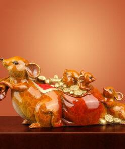 Tượng chuột kéo bao tiền vàng phong thủy bằng đồng