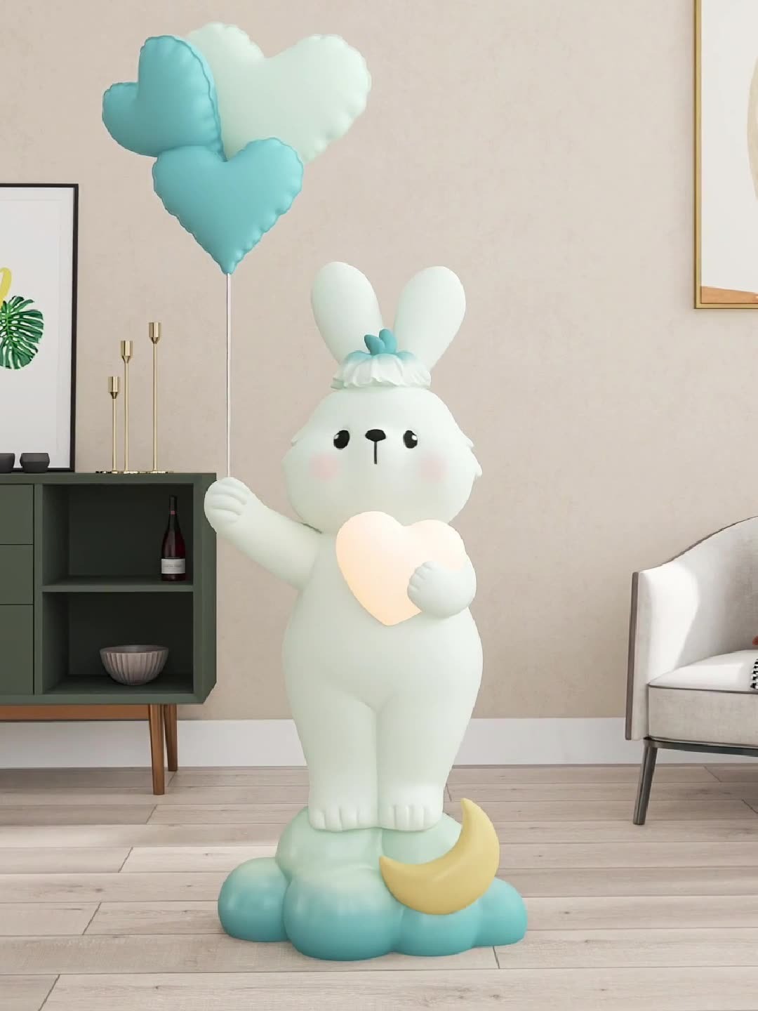 Tượng decor thỏ Bunny ôm đèn led trái tim để sàn phòng khách sang ...