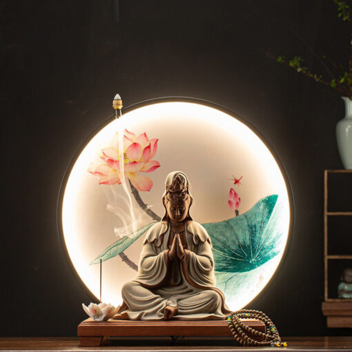 thac-khoi-tram-huong-den-led-ket-hop-tuong-quan-am 1 Thác khói trầm hương đèn Led kết hợp tượng Quan Âm