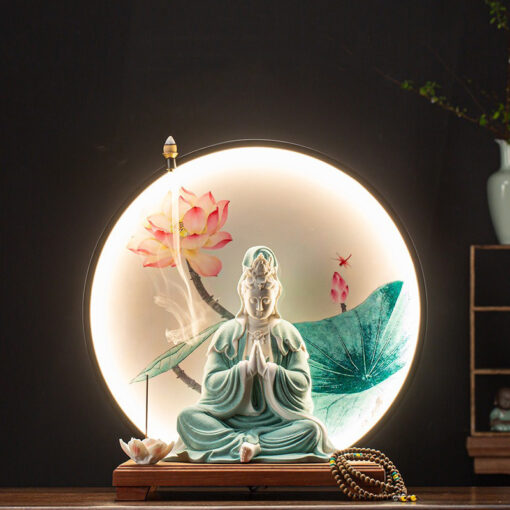 Thác khói trầm hương đèn Led kết hợp tượng Quan Âm Thác khói trầm hương đèn Led kết hợp tượng Quan Âm