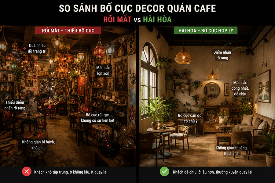 So sánh một quán decor rối mắt và một quán có bố cục hài hòa