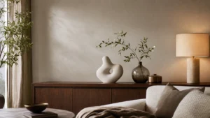 Góc phòng khách sang trọng phối đồ trang trí với tường màu greige ấm