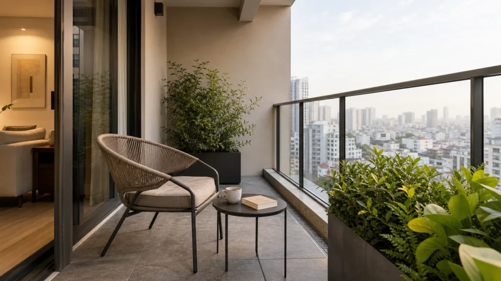 Decor ban công chung cư với ghế ngoài trời, bàn trà nhỏ và mảng xanh tinh tế