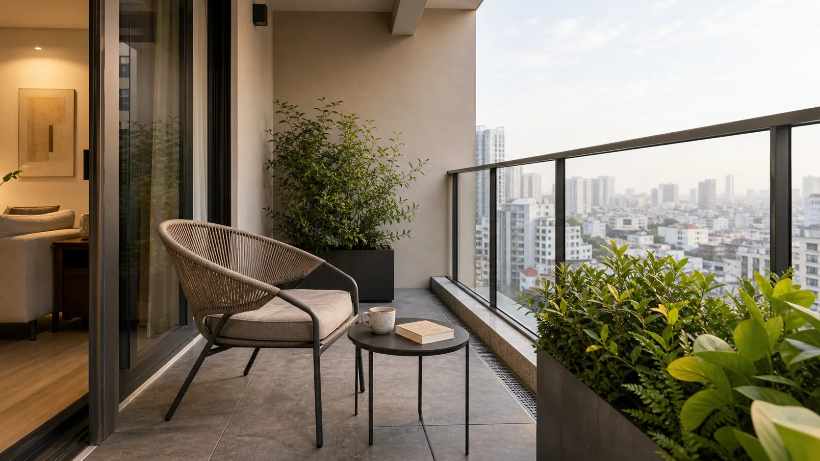 Decor ban công chung cư với ghế ngoài trời, bàn trà nhỏ và mảng xanh tinh tế