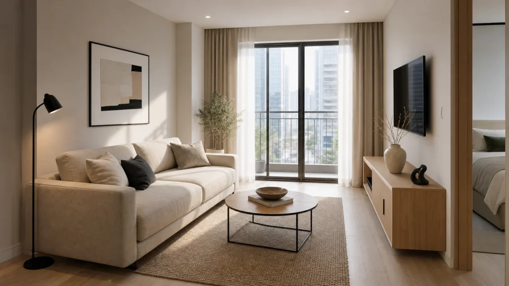Decor căn hộ cho thuê hiện đại với phòng khách trung tính và lối đi thông thoáng