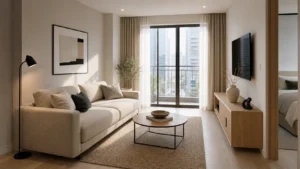 Decor căn hộ cho thuê hiện đại với phòng khách trung tính và lối đi thông thoáng