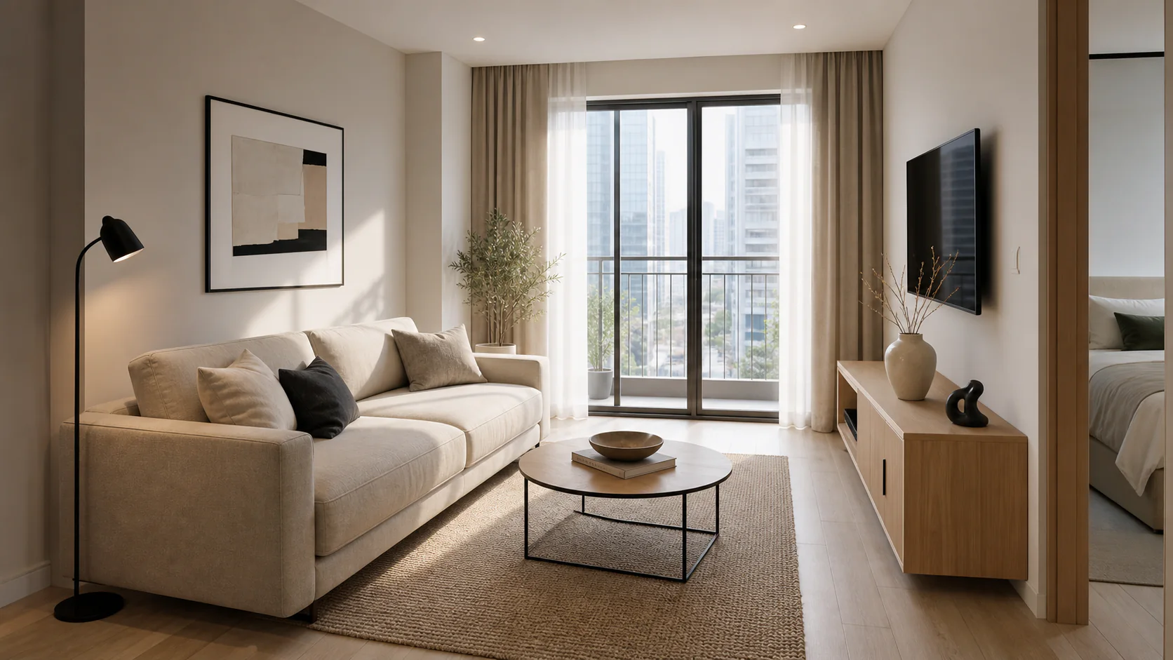 Decor căn hộ cho thuê hiện đại với phòng khách trung tính và lối đi thông thoáng