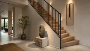 Decor góc cầu thang hiện đại với tượng trừu tượng, tranh dọc và ánh sáng hắt ấm