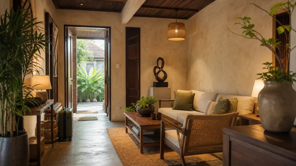 Decor homestay đẹp với gỗ mây, lối đi rõ và phòng khách ấm