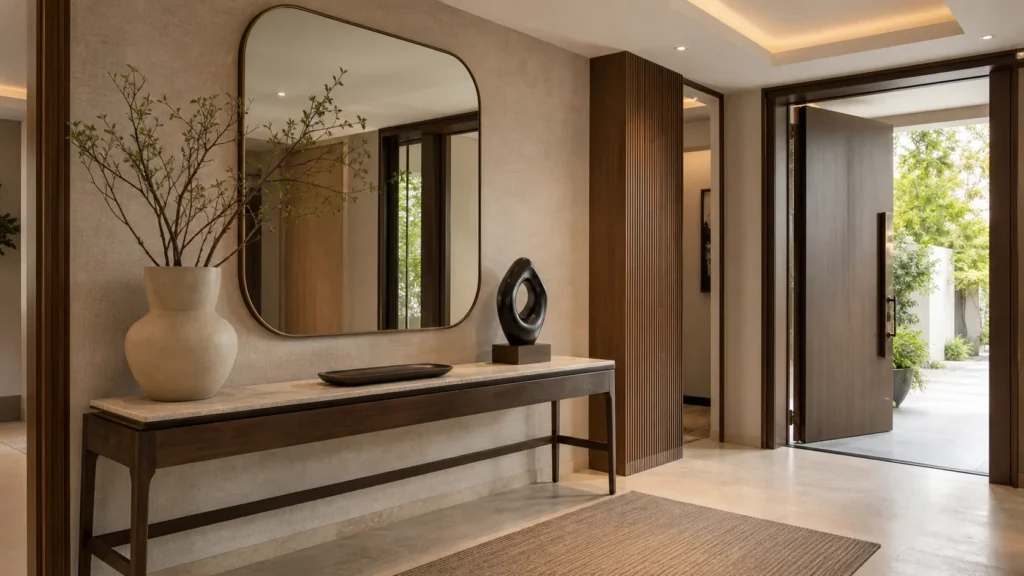 Decor lối vào nhà hiện đại với bàn console gỗ, gương lớn và tượng nghệ thuật