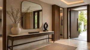Decor lối vào nhà hiện đại với bàn console gỗ, gương lớn và tượng nghệ thuật