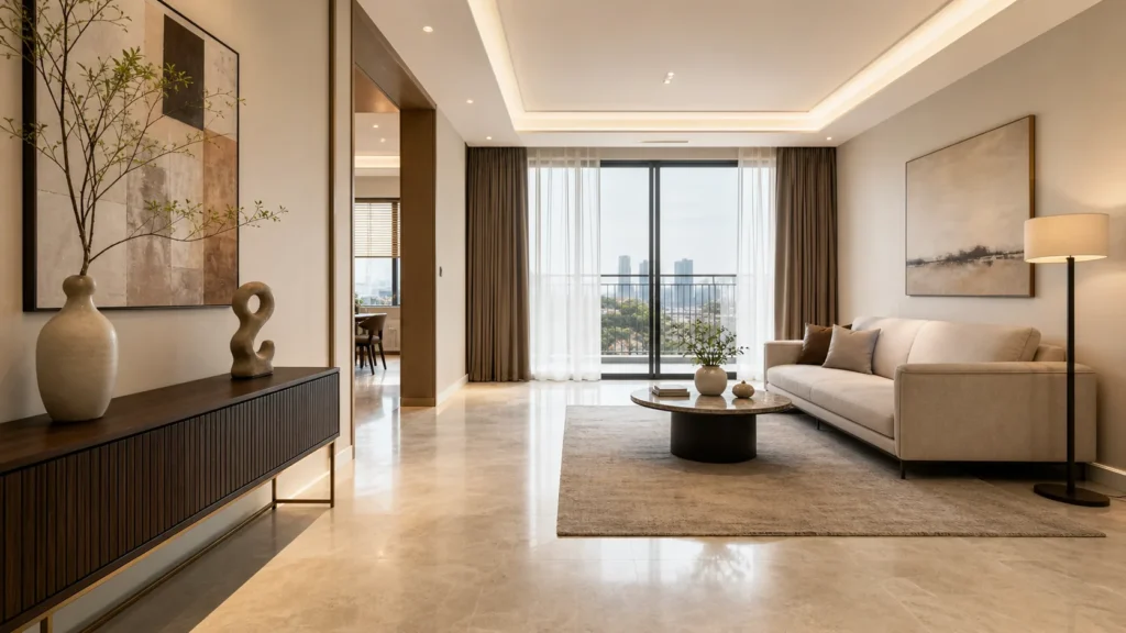 Decor nhà mẫu sang trọng với bố cục phòng khách và lối đi thông thoáng