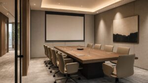 Decor phòng họp hiện đại với bàn gỗ, ghế trung tính và màn hình không phản sáng