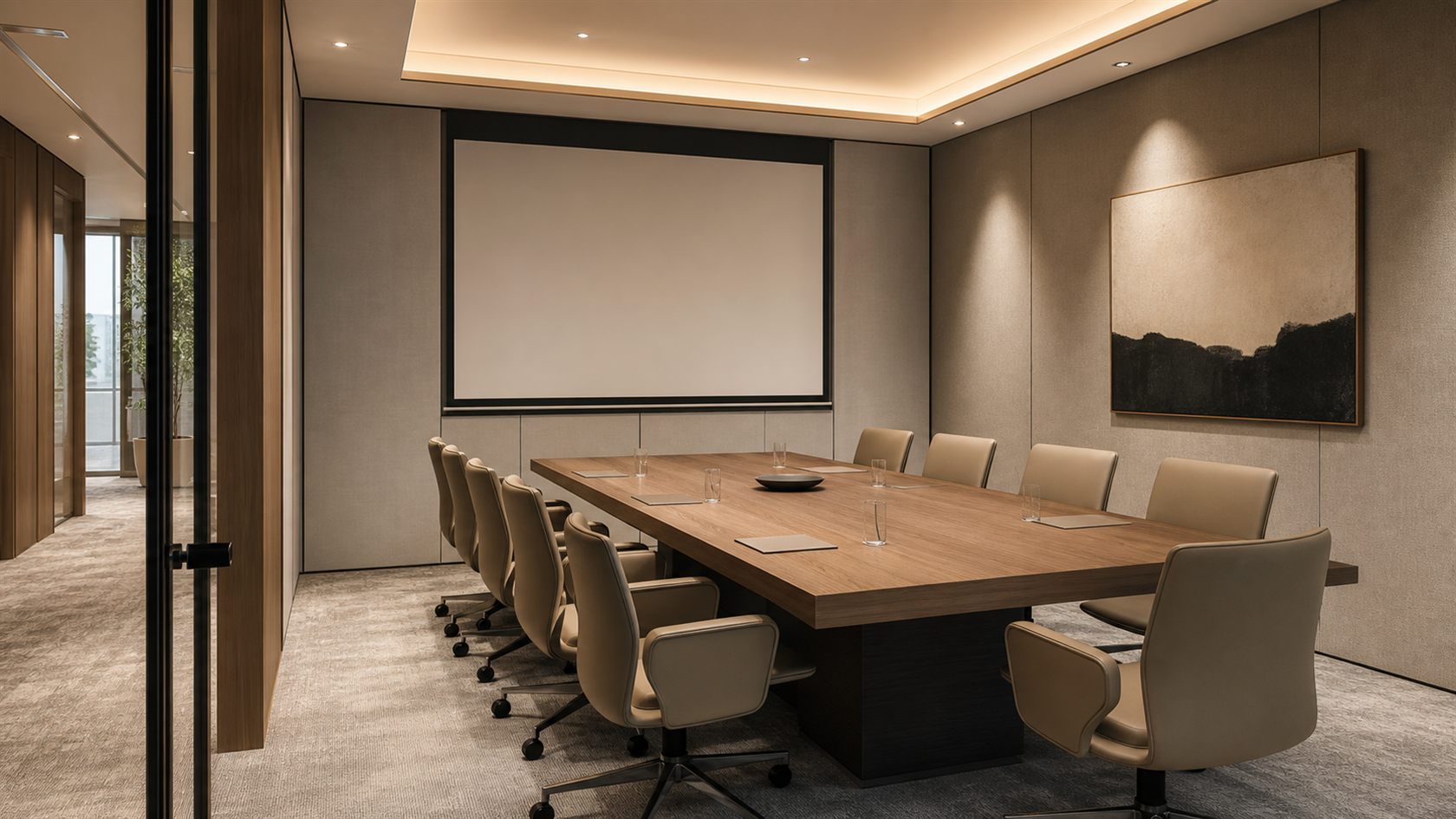Decor phòng họp hiện đại với bàn gỗ, ghế trung tính và màn hình không phản sáng