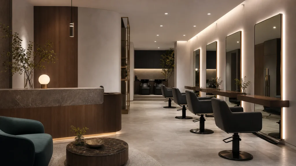 Decor salon tóc đẹp với quầy cong, gương sáng và lối đi rõ