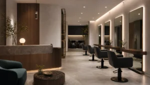 Decor salon tóc đẹp với quầy cong, gương sáng và lối đi rõ