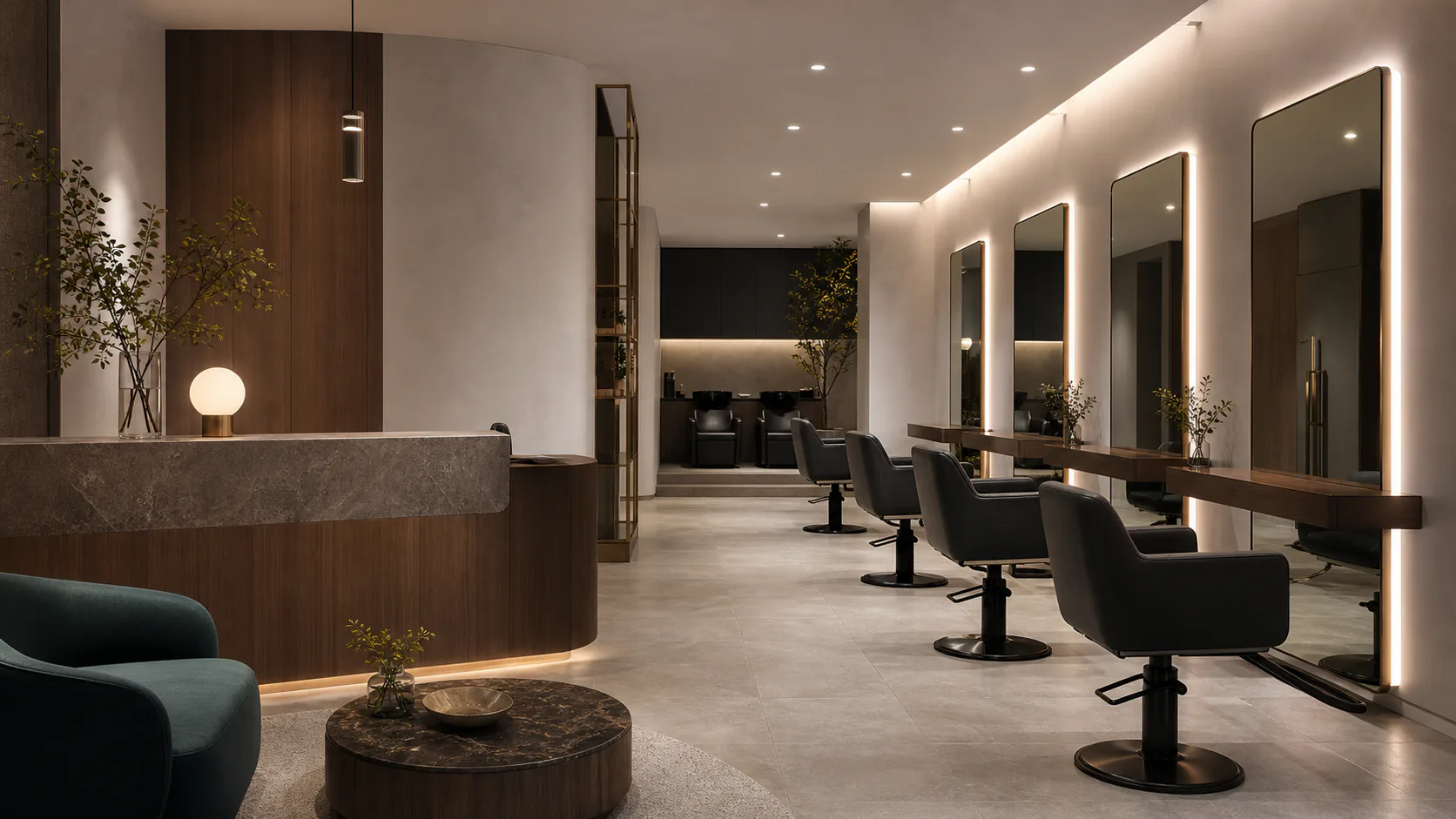 Decor salon tóc đẹp với quầy cong, gương sáng và lối đi rõ