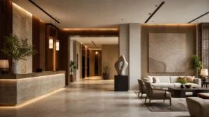 Decor sảnh khách sạn hiện đại với quầy lễ tân, khu chờ và lối hành lý thông thoáng