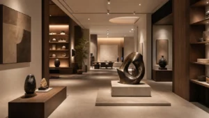 Decor showroom cao cấp với lối đi rõ và điểm trưng bày nghệ thuật