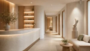 Decor spa cao cấp với quầy cong, lối đi rõ và ánh sáng dịu
