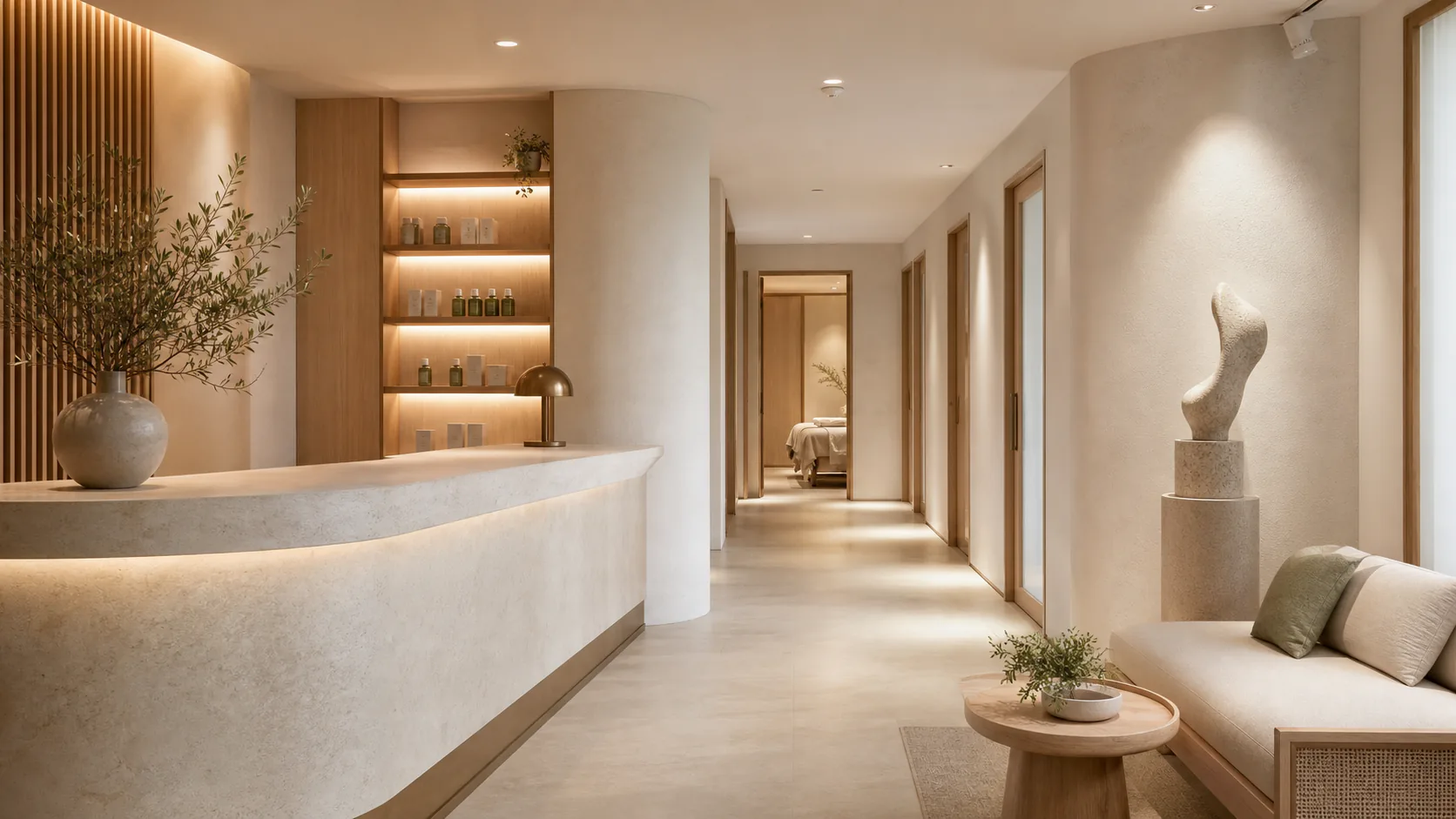 Decor spa cao cấp với quầy cong, lối đi rõ và ánh sáng dịu