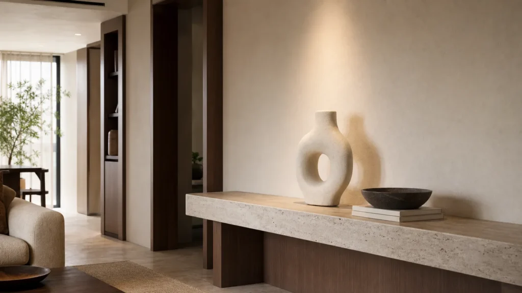 Điểm nhấn thị giác với tượng gốm trên tủ console phòng khách hiện đại