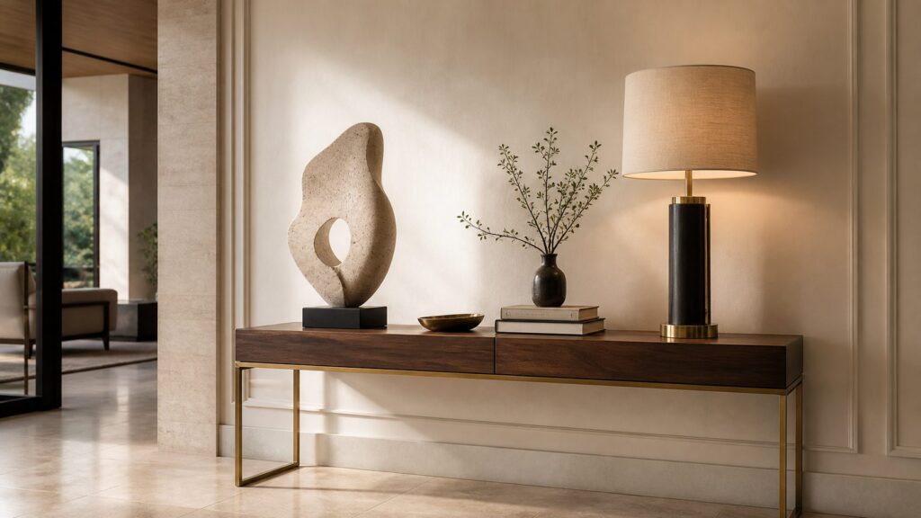Trang trí tủ console theo bố cục bất đối xứng trong sảnh hiện đại