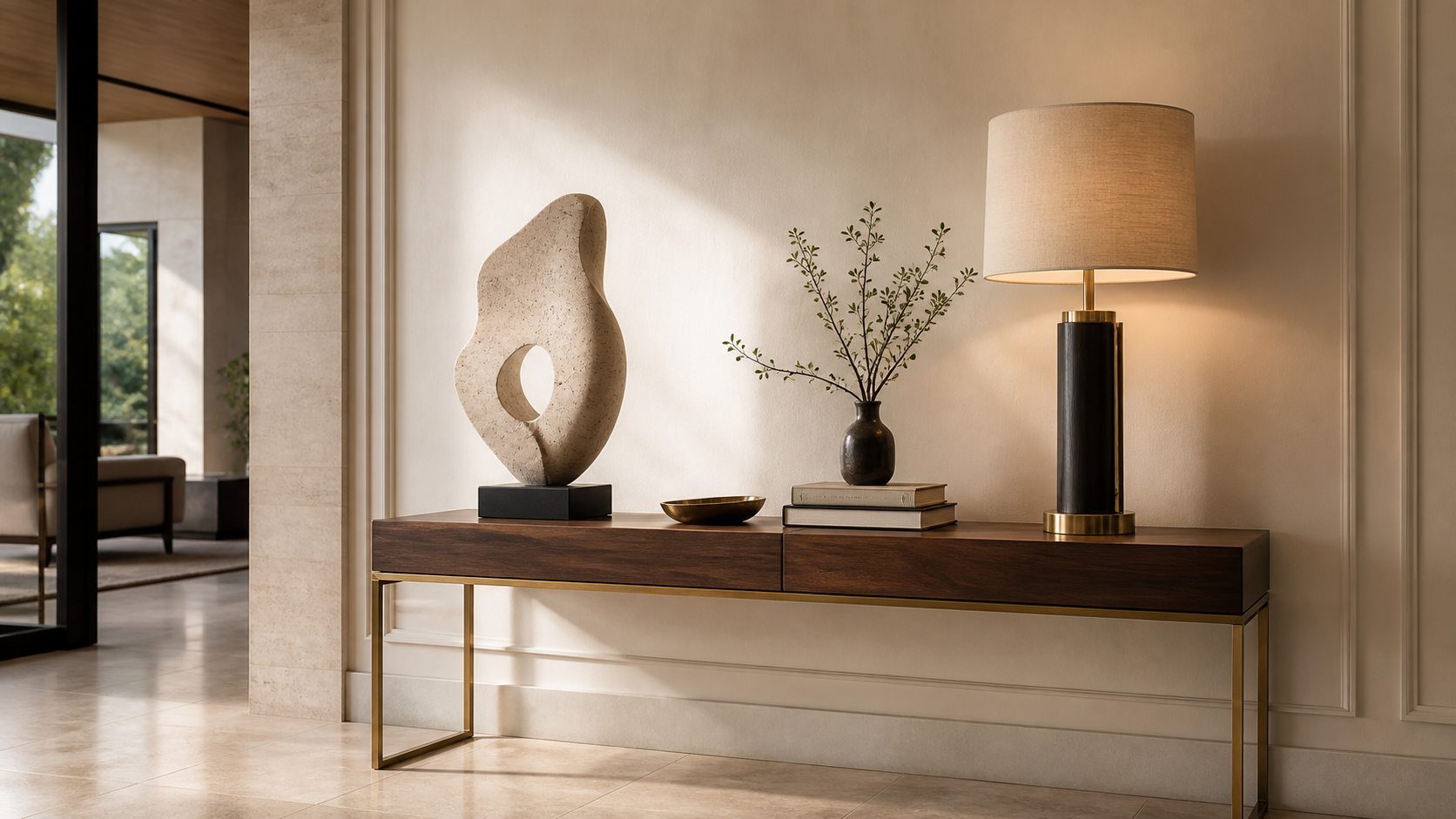 Trang trí tủ console theo bố cục bất đối xứng trong sảnh hiện đại