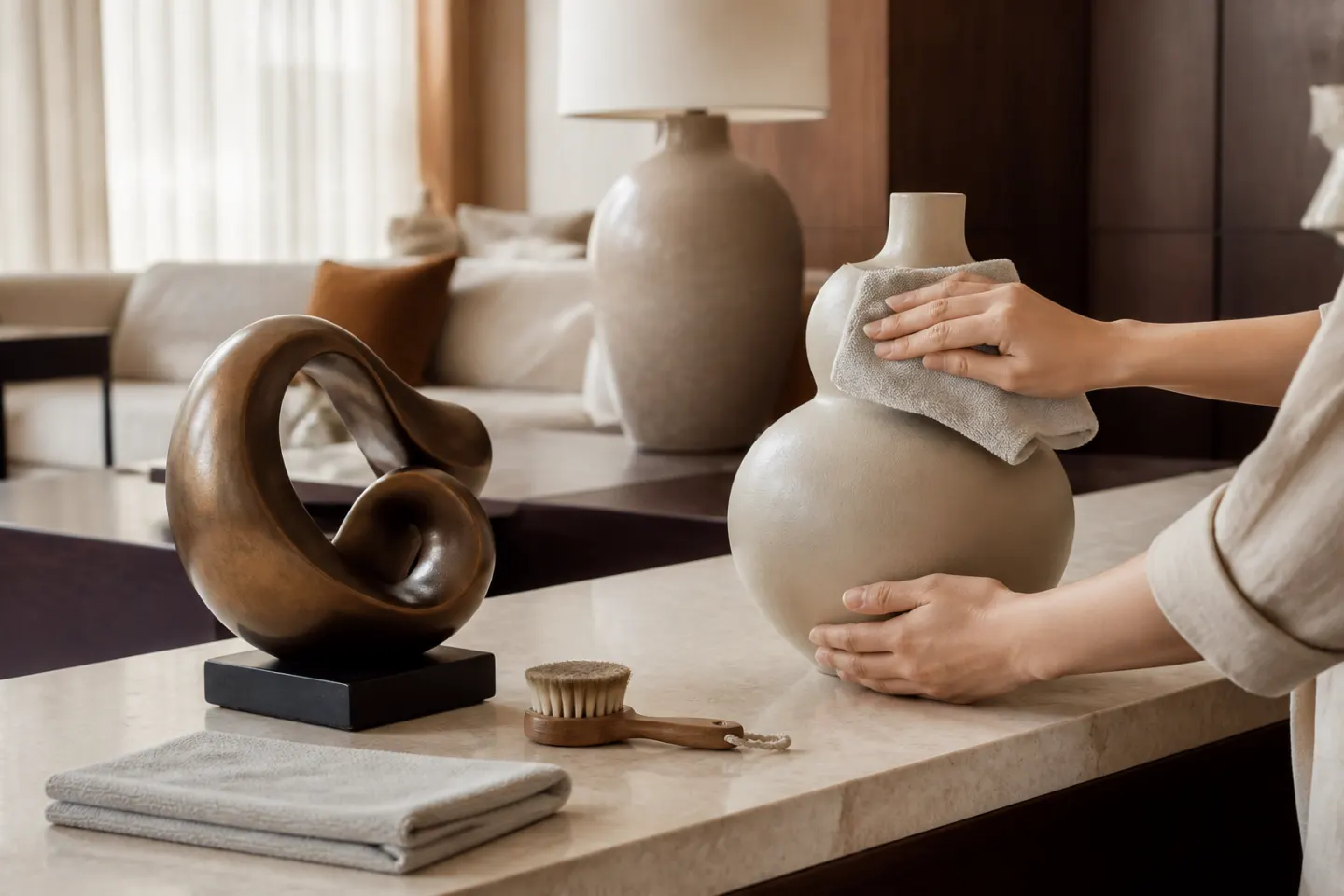 Cách bảo quản tượng decor và bình gốm bằng khăn mềm
