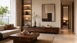 Cách chọn đồ decor theo diện tích nhà với bố cục phòng khách cân đối và lối đi thông thoáng