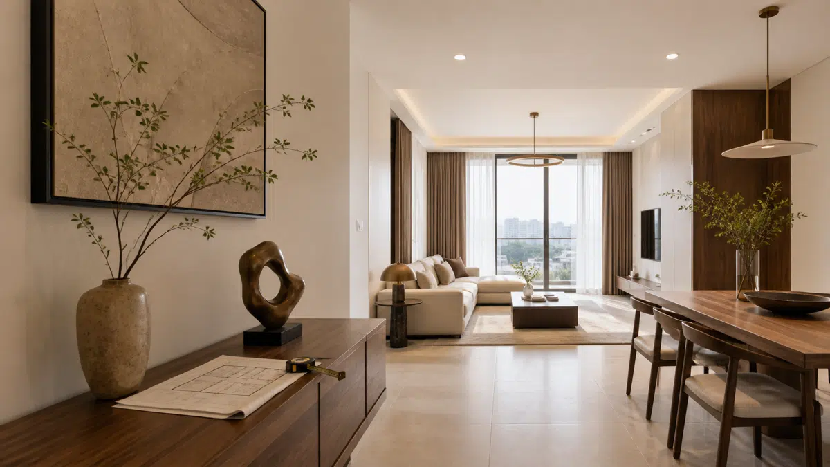 Không gian nhà mới với thước đo và bản vẽ trước khi chọn đồ trang trí