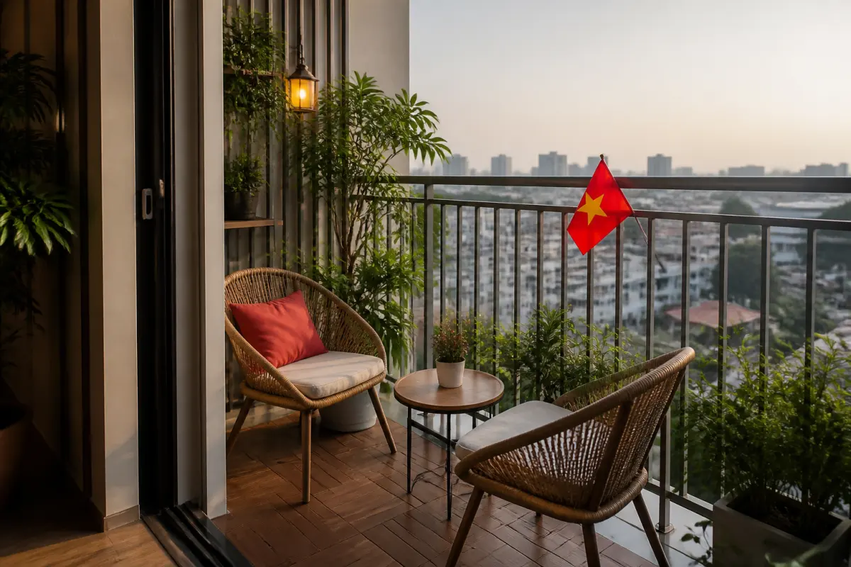 Ban công căn hộ trang trí Quốc khánh 2/9 an toàn và thoáng