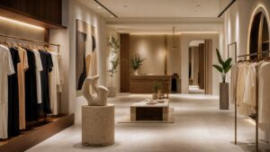 Decor cửa hàng thời trang sang trọng với lối đi rõ, trưng bày gọn và điểm nhấn nghệ thuật