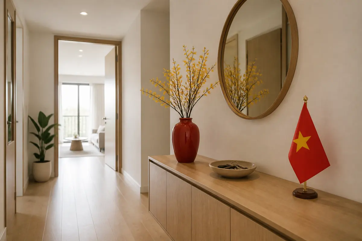Lối vào nhà trang trí ngày 2/9 gọn gàng với sắc đỏ