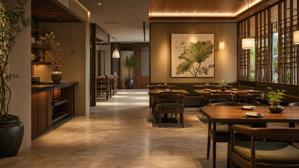 Decor nhà hàng sang trọng với lối khách thông thoáng, tranh điểm nhấn và bàn ăn gọn