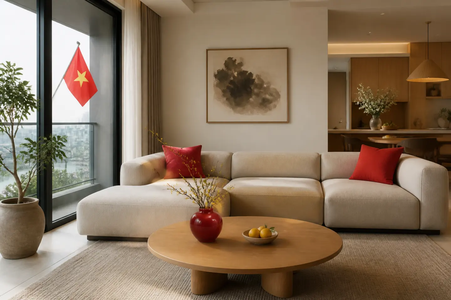 Phòng khách decor dịp Quốc khánh 2/9 với điểm nhấn đỏ tinh tế