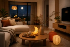 Phòng khách Trung Thu ấm cúng với đèn dịu, khay trà bánh và lồng đèn gọn