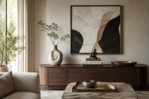 Đồ decor được phối hài hòa trong phòng khách hiện đại