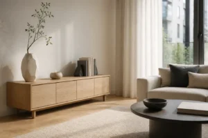 Phòng khách dùng đồ decor tối giản với bình đơn sắc và khoảng thở