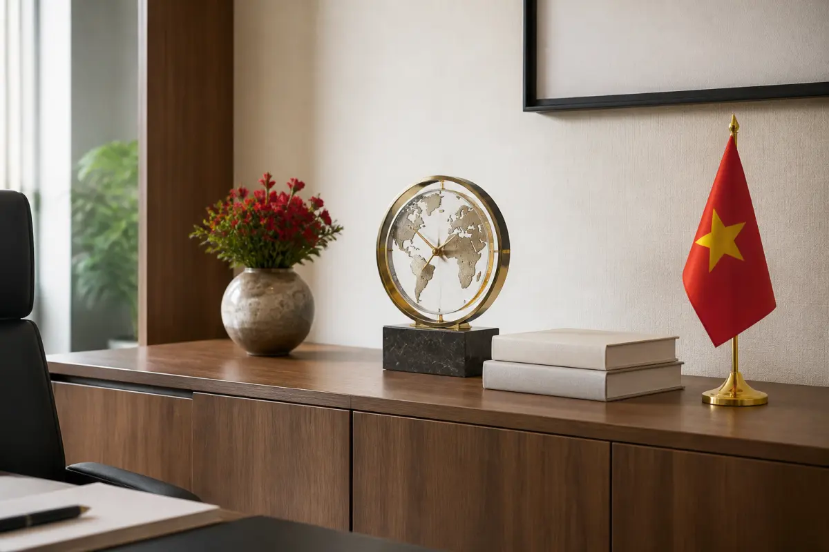 Kệ văn phòng phối đồ decor trung tính và sắc đỏ dịp 2/9