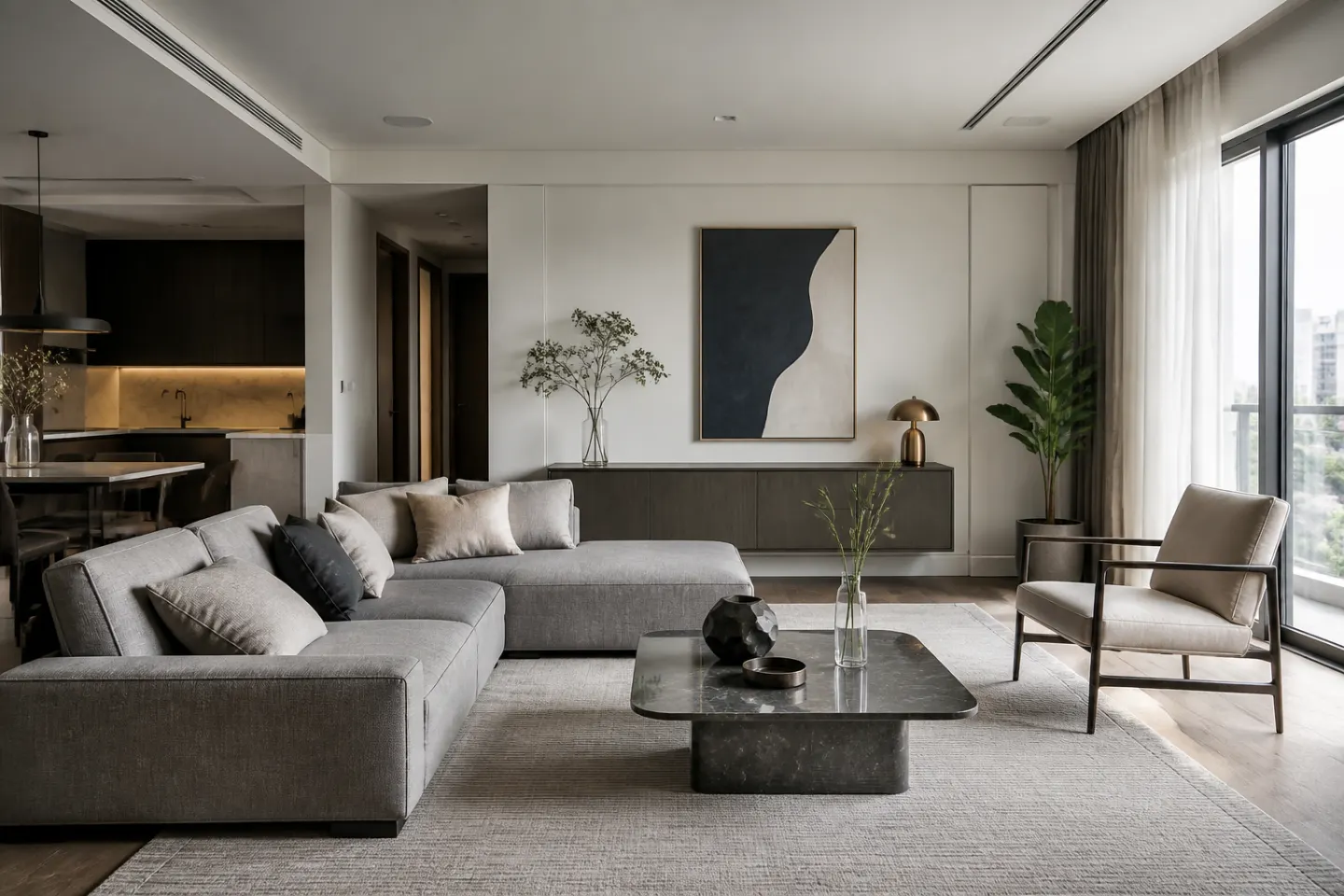 Phối cảnh phòng khách với đồ decor hiện đại đường nét gọn