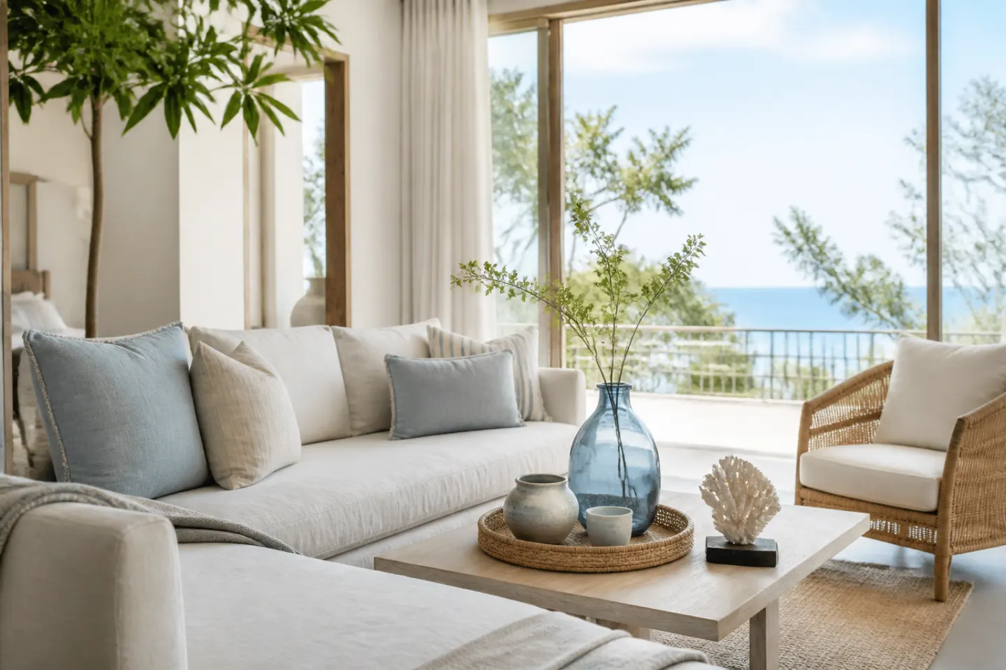 Phối cảnh Coastal với sắc trắng xanh và vật liệu tự nhiên