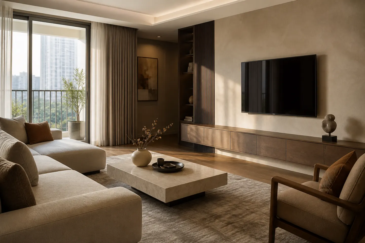 Phối cảnh decor phòng khách hiện đại sang trọng và cân đối