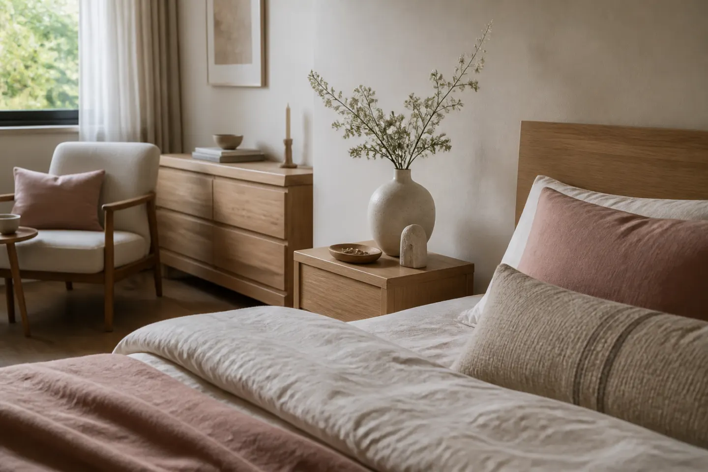 Phối cảnh decor phòng ngủ tinh tế với màu sắc dịu nhẹ