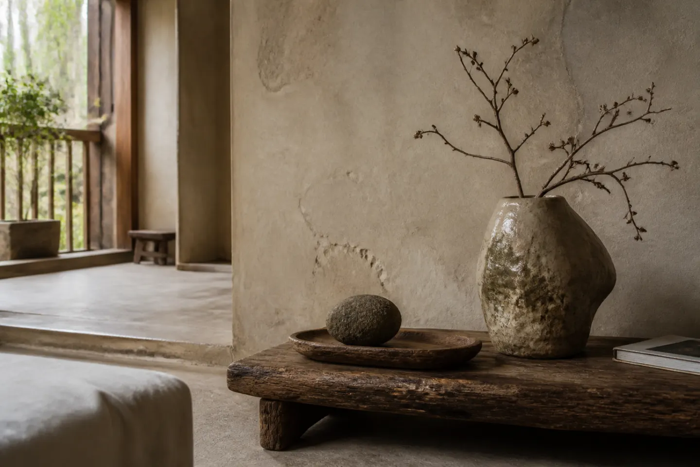 Phối cảnh Wabi Sabi với gốm thủ công gỗ mộc và màu đất