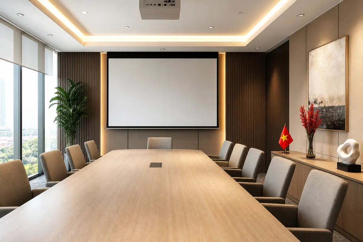 Phòng họp decor ngày 2/9 với bàn họp và màn chiếu thông thoáng