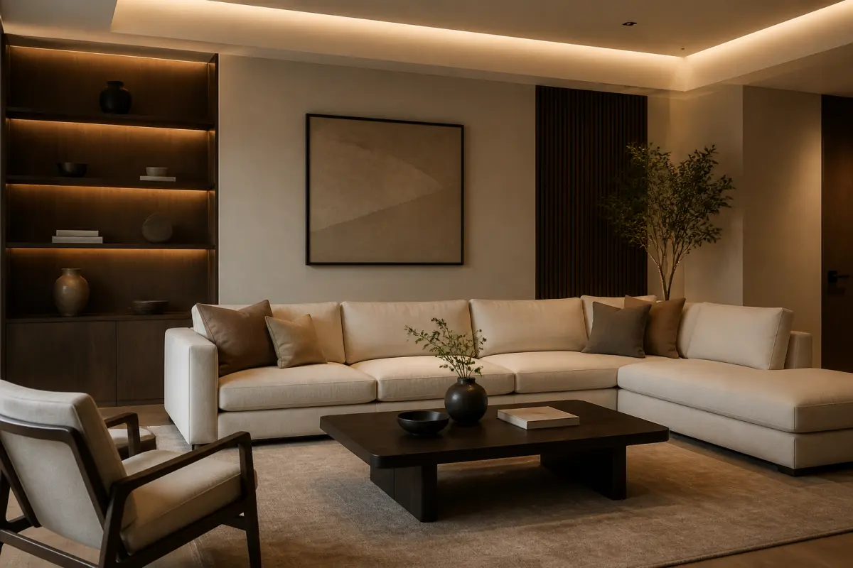 Phòng khách Modern Luxury dùng ánh sáng ấm