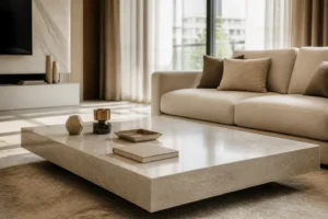 Bàn trà phòng khách được trang trí đúng tỷ lệ và còn khoảng trống sử dụng