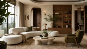 Xu hướng decor nội thất 2026 với đường cong và vật liệu tự nhiên