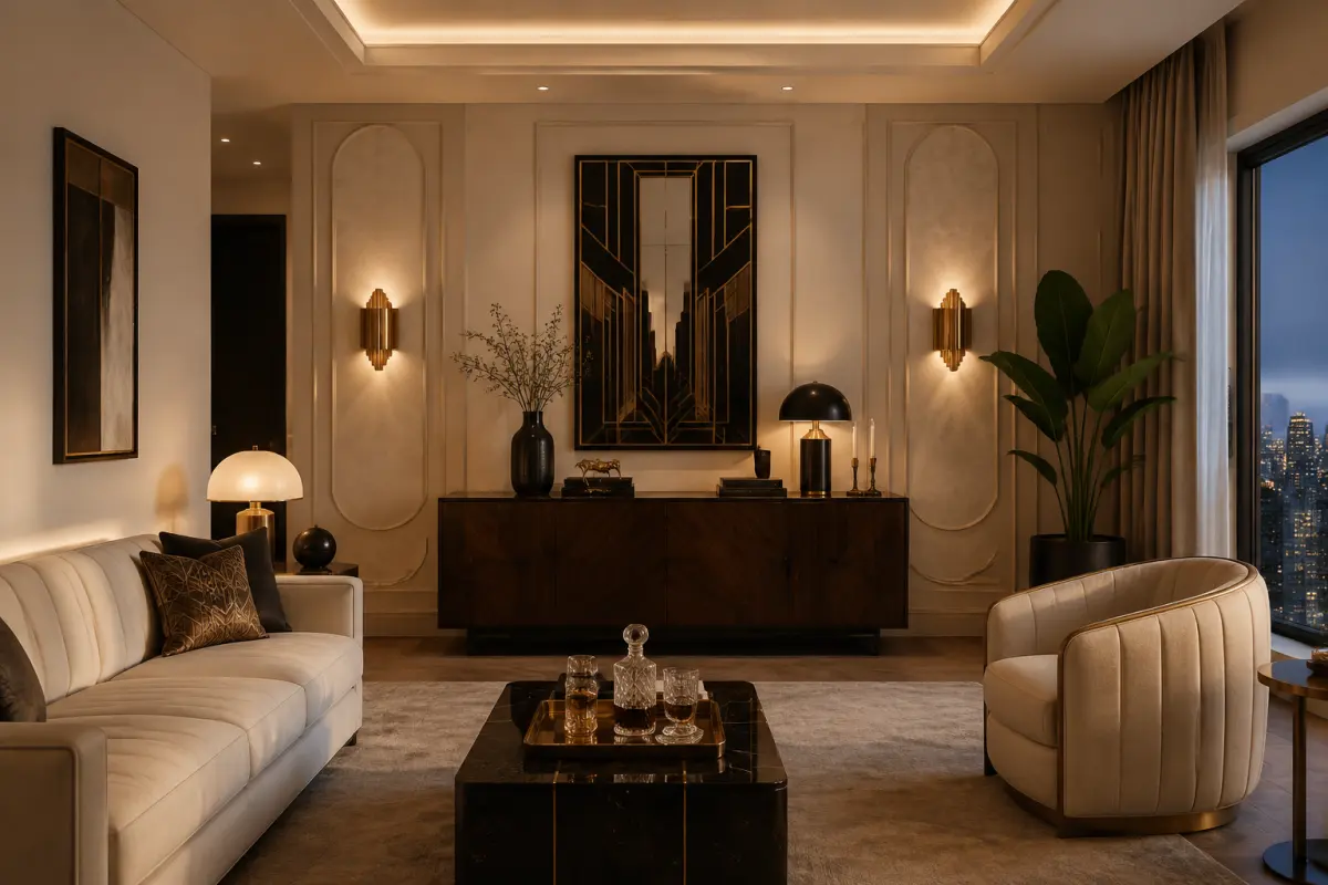 Phòng khách Art Deco hiện đại với nền kem, gỗ tối và điểm nhấn kim loại